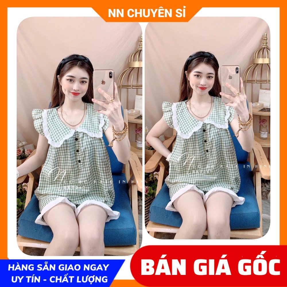 Đồ bộ nũ mặc nhà chất kate mềm mát in caro nhí cổ phối ren dễ thương BKT247 BỘ KATE ĐÙI