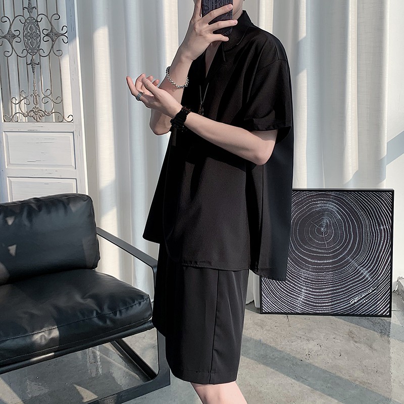 Áo thun nam thời trang Hàn Quốc cổ đứng màu trơn tay ngắn dáng rộng 2022 simple áo sơ mi nam ngắn tay