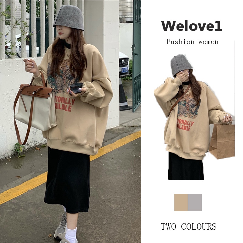 QOEDDV Áo sweater cổ tròn tay dài dáng rộng in họa tiết phong cách Mỹ thời trang cổ điển cho nữ