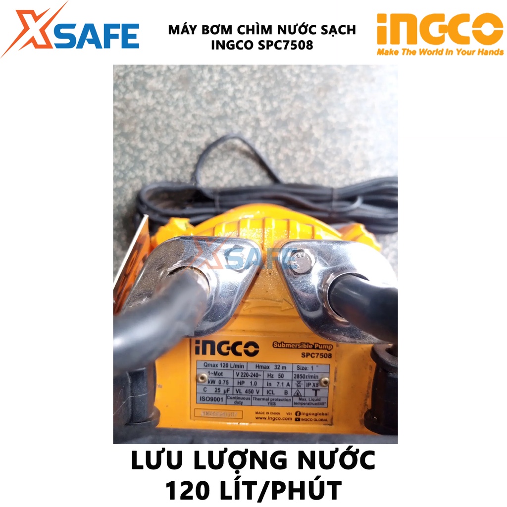 Máy bơm chìm INGCO SPC7508 Máy bơm chìm nước sạch điện áp 220-240V~50Hz, công suất đầu vào 750W(1.0HP), cột áp 32M