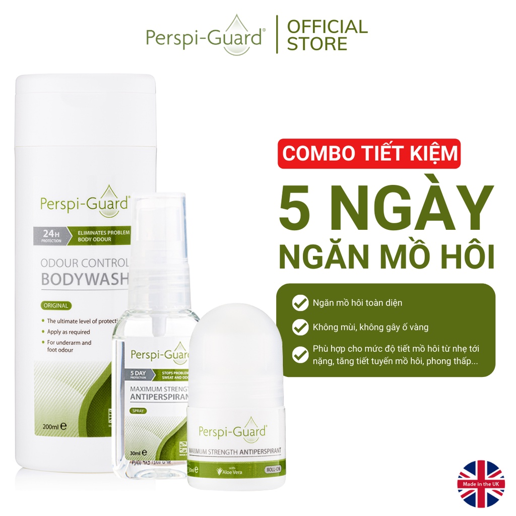 Combo 3 ngăn mồ hôi trọn bộ Perspi-Guard sữa tắm 200ml + xịt khử mùi 30ml + lăn khử mùi 30ml