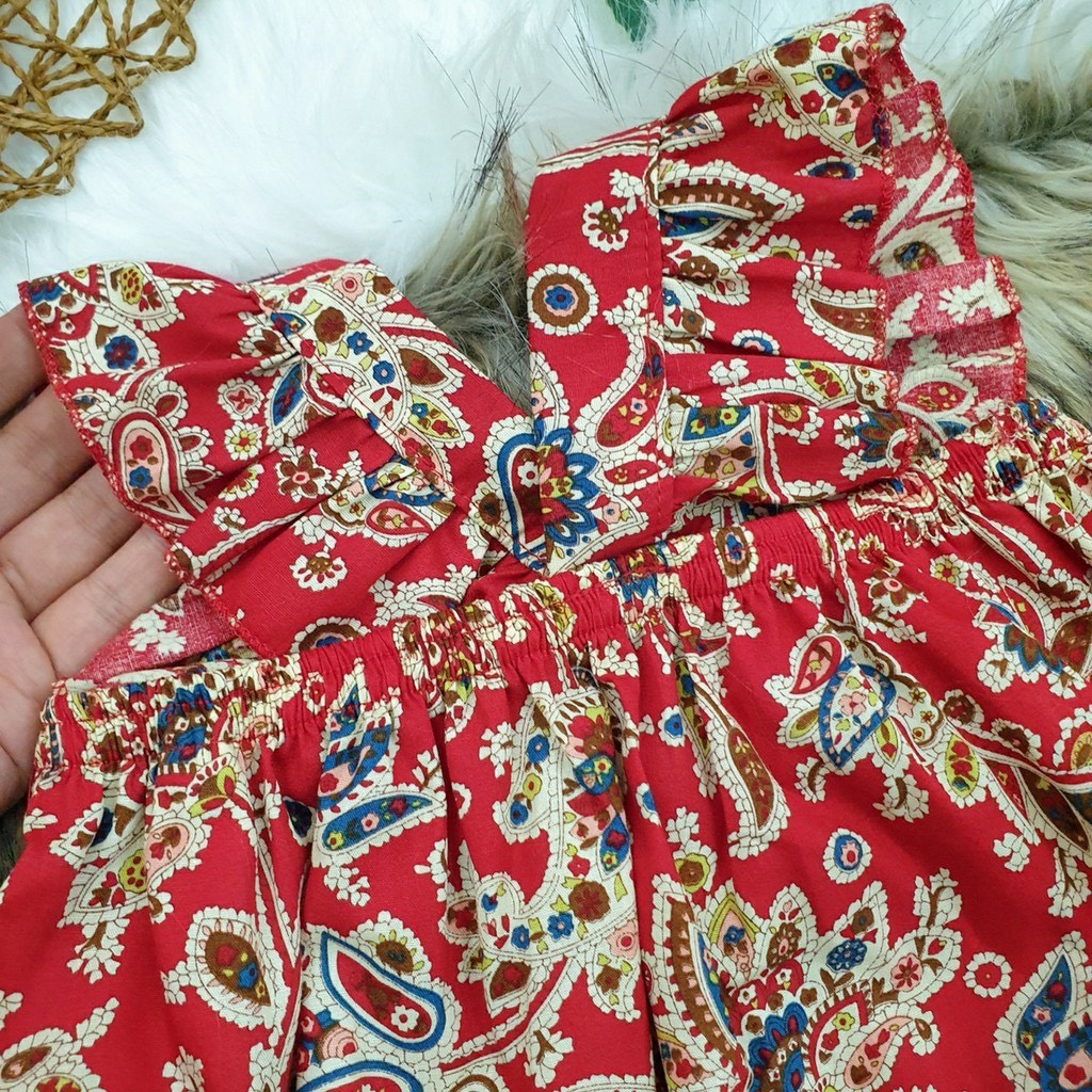 Váy bé gái cánh tiên kèm tuban họa tiết thổ cẩm đỏ XHN480