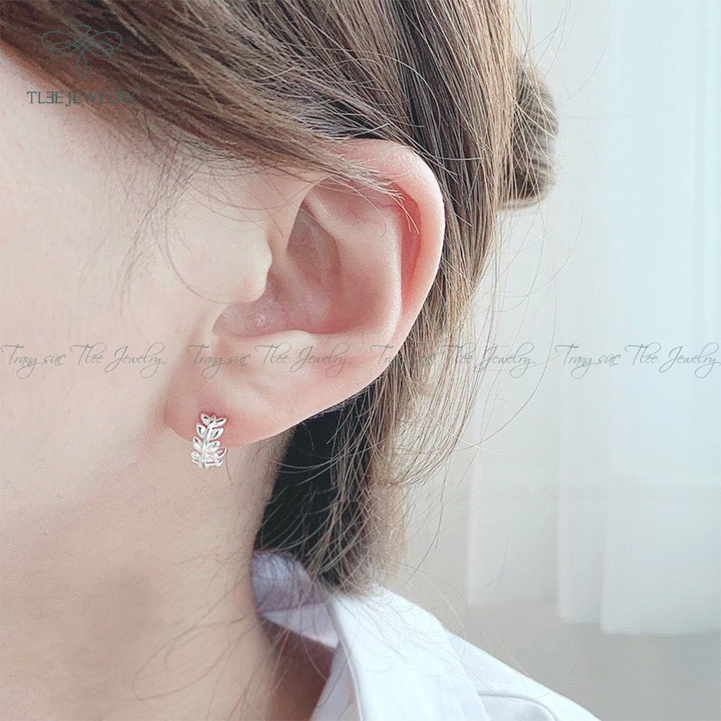 Khuyên tai bạc nữ TLEE tròn chốt bấm dáng lá Oliu NCJ B0197
