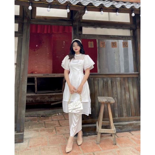 Áo dài cách tân trắng kèm chân váy xòe ullzang kèm ảnh thật