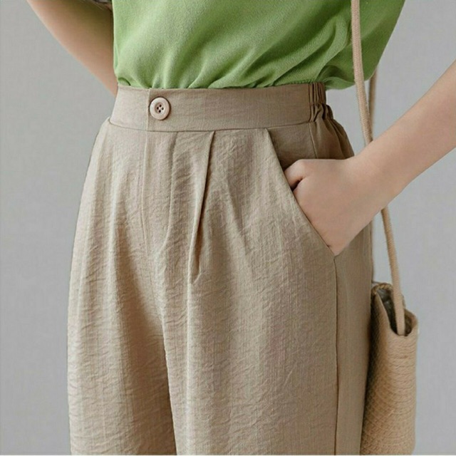 Quần baggy nữ cúc khoá chun lưng chất đũi kiểu nhật mềm mát
