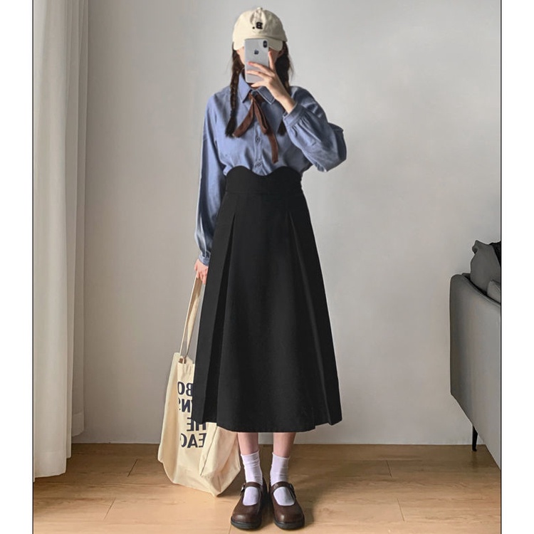 Chân váy chữ A lưng cao màu đen dáng dài size S~4XL