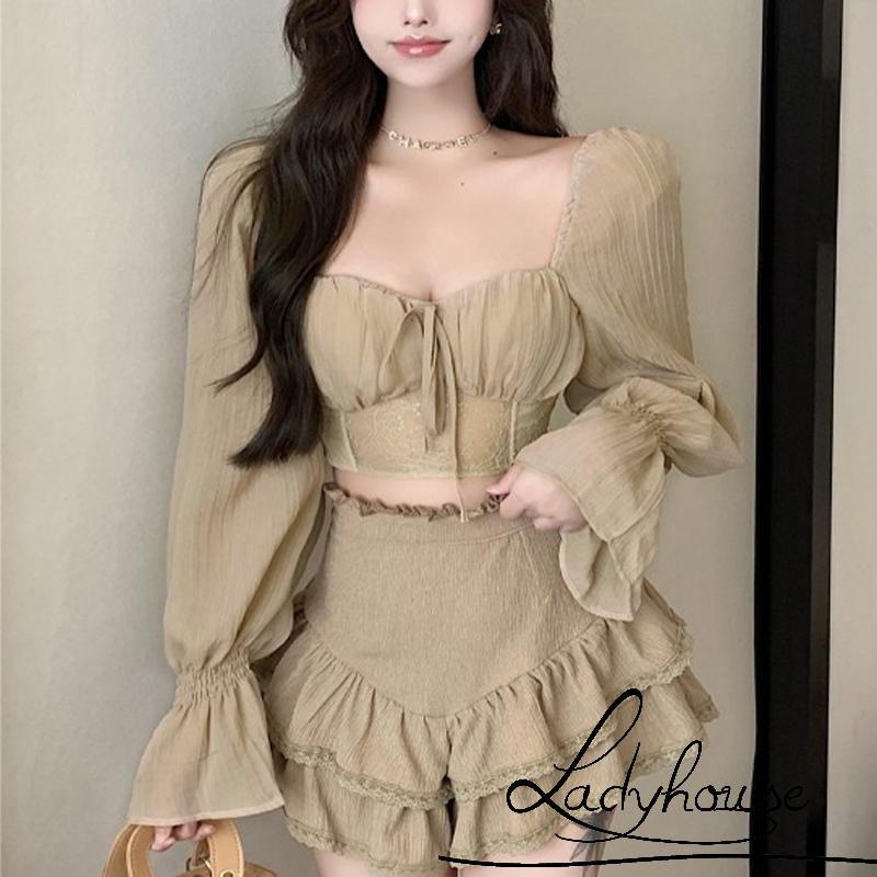 Áo Croptop Tay Dài Màu Trơn Phối Dây Buộc Thời Trang Cho Nữ
