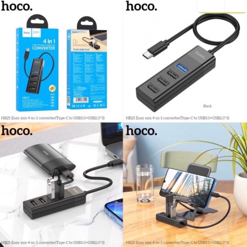 ✅BỘ CHIA CỔNG Typec HOCO HB25 4 cổng USB Type-C to USB 3.0+USB 2.0x3 Converter -BH 12 Tháng