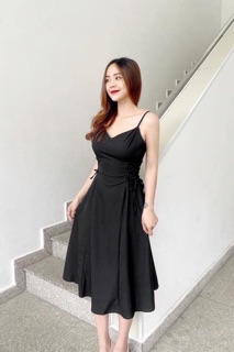 Đầm maxi váy 2 dây đen đan dây eo (kèm hình thật)