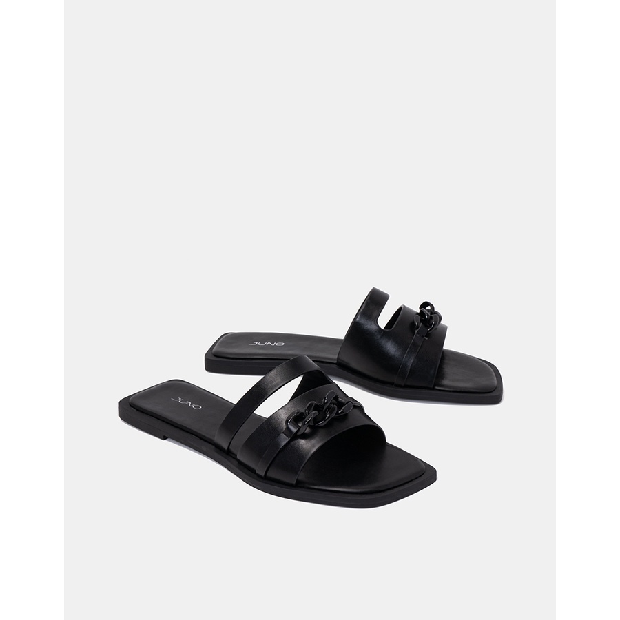 Dép Bệt 1cm Thời Trang JUNO Cut Out Trang Trí Xích Cùng Màu SD01116