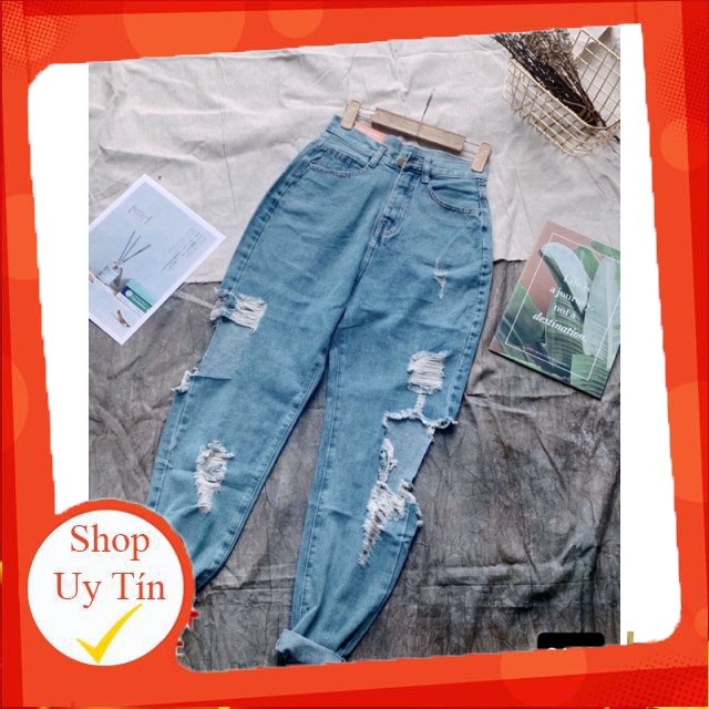 Quần baggy jean, quần bò baggy 9 tấc lưng cao rách gối - 110N