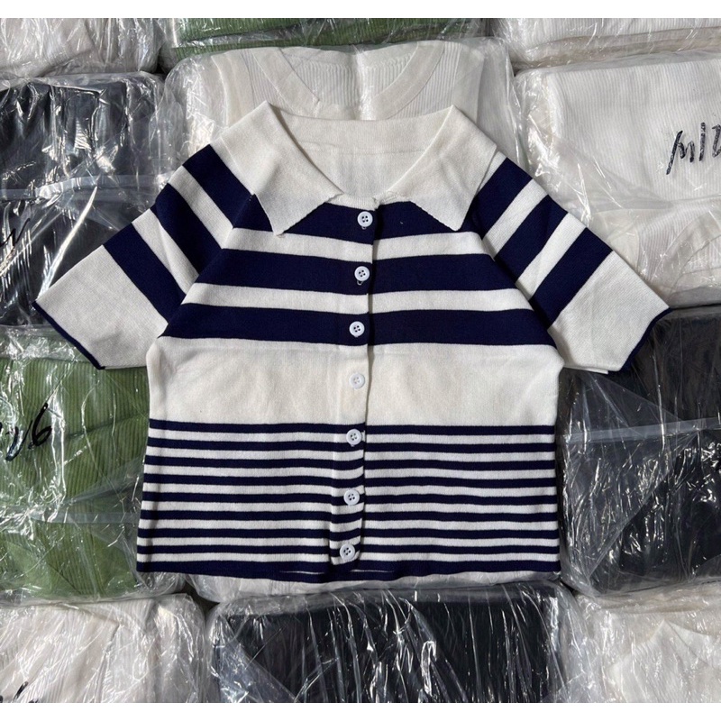 Áo len polo kẻ trắng xanh form lửng ko bo mặc thoải mái Áo mongtoghi Quảng Châu