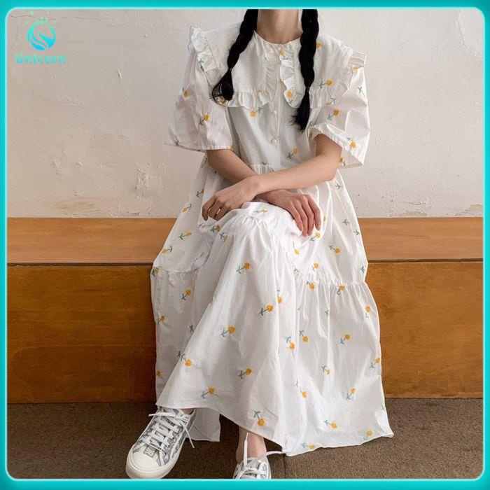 Váy babydoll Hepburn Đầm Dài Đến Giữa Bắp Chân Dáng Chữ A In Hoa Cổ Búp Bê Phong Cách Hàn Quốc Cho Nữ Sinh