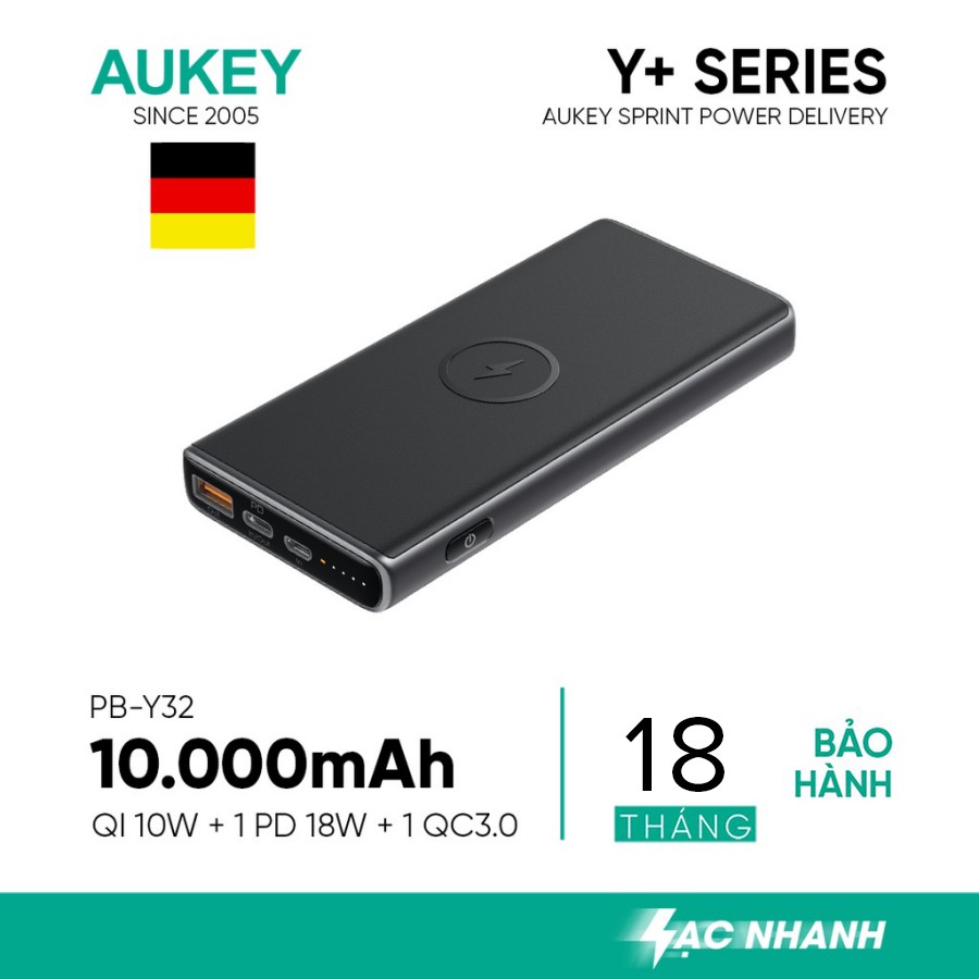 Pin Dự Phòng Kiêm Sạc Không Dây 10W AUKEY PB-Y32 10.000mAh, Sạc Nhanh PD 18W, QC 3.0