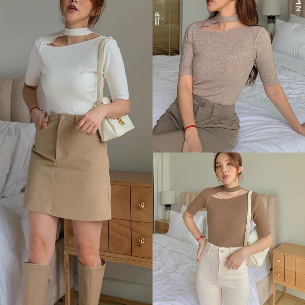 Áo len tăm trơn khoét cổ lệch dáng ôm body | BigBuy360 - bigbuy360.vn