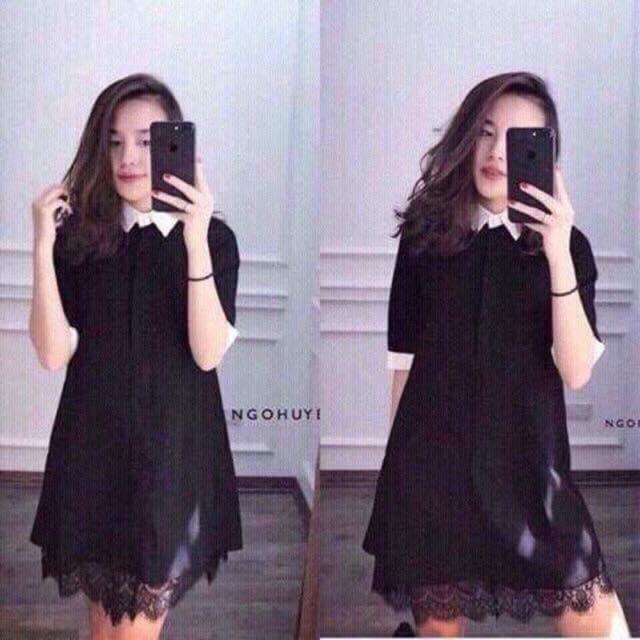 Đầm cổ sơ mi viền chân ren
