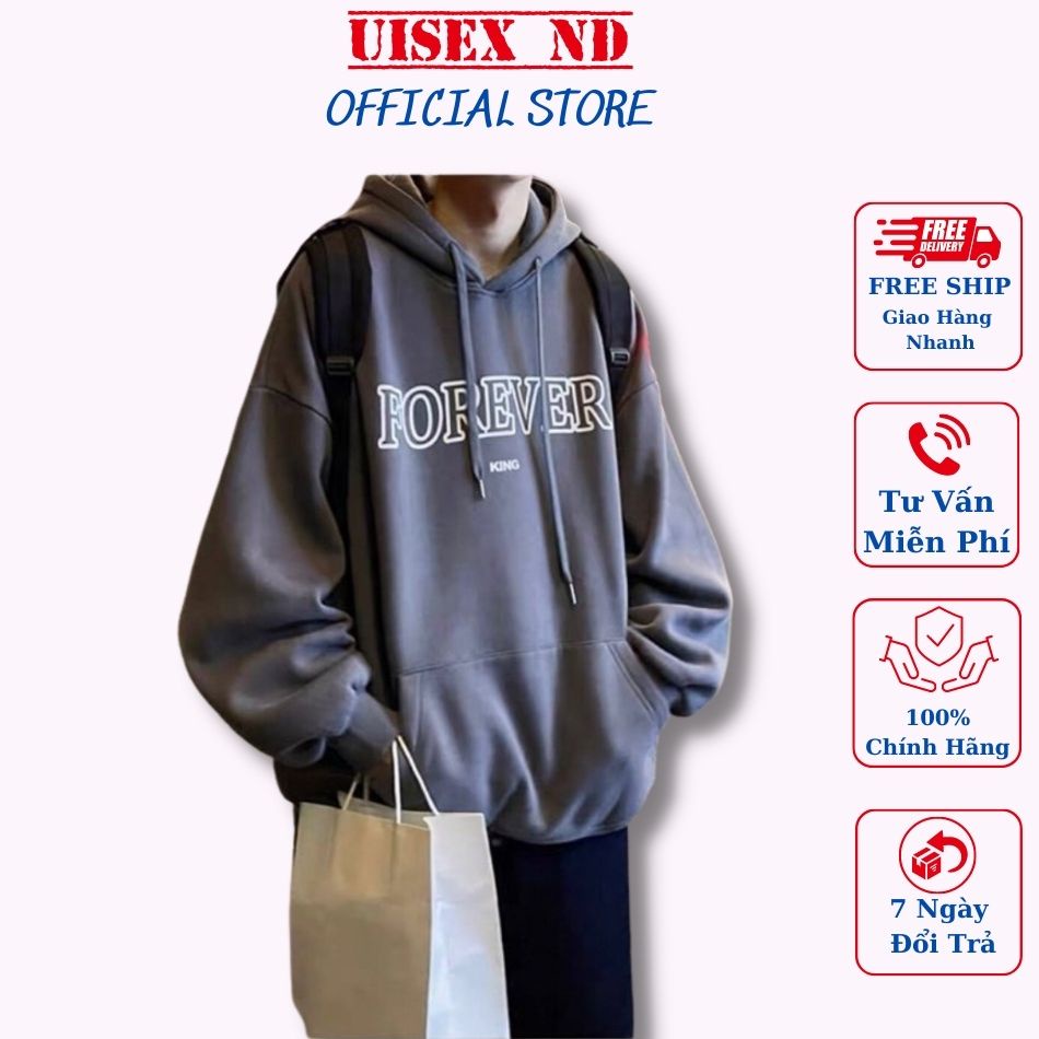 Áo nỉ có mũ in chữ Forever 3 màu xám, trắng đen, đủ size, chất dày dặn ấm áp, form rộng tay dài