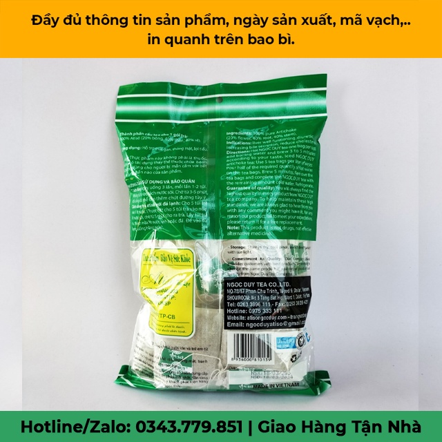 Trà túi lọc atiso Ngọc Duy gói xanh Đà Lạt, bịch 100 túi lọc hỗ trợ giảm cân đặc sản làm quà