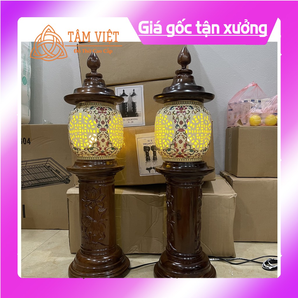 (ĐÈN THỜ GỖ GỤ CAO CẤP 100%) Trạm Khắc Hoa Sen Sứ