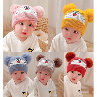 Mẫu mới 2021 Mũ len mèo doreom 2 quả bông cho bé , nón len mèo 2 quả bông cho bé dưới 12 tháng tuổi