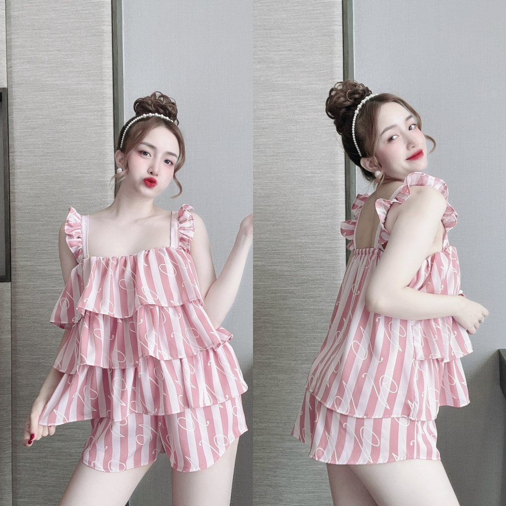 Đồ Ngủ 2 Dây, Đồ Ngủ Sexy 3 Tầng Chất Lụa Mango Quần Có Túi Mặc Ngủ Mát Mẻ Freesize Dưới 58kg - Linqustore