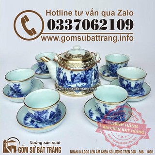 Bộ ấm chén Bát Tràng, bộ tách trà Bát Tràng Sơn Thủy bọc đồng