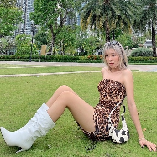 Váy ống cúp ngực body thun dây rút hoạ tiết da báo