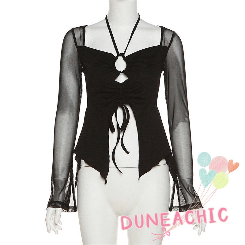 DUNEA Áo Kiểu Tay Dài Phối Lưới Thời Trang Quyến Rũ Cho Nữ