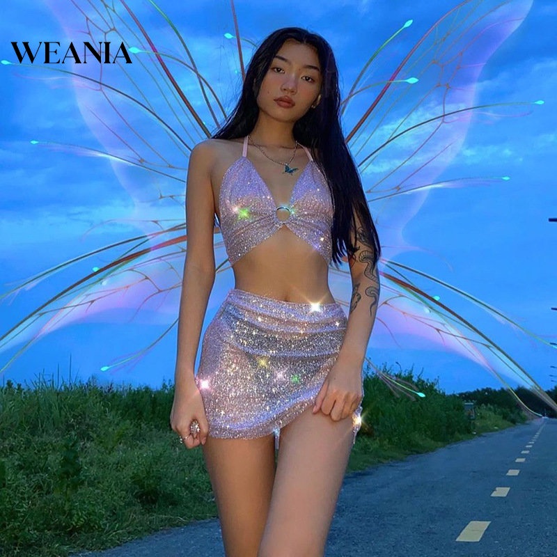 Set Áo Tank Top 2 Dây + Chân Váy Xẻ Tà Xuyên Thấu Lấp Lánh Gợi Cảm