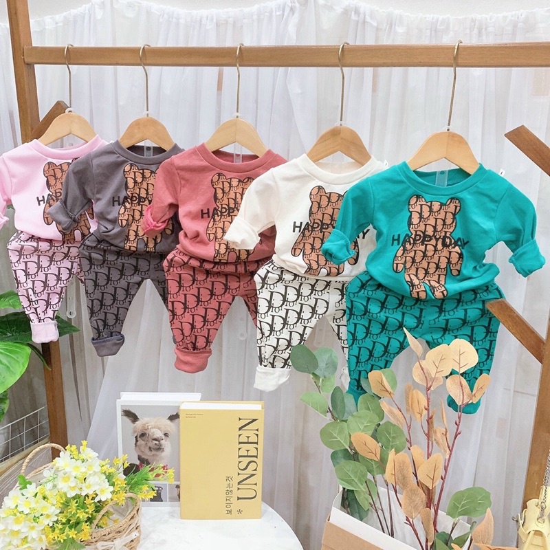 Bộ dài tay chất cotton len cho bé trai và bé gái 6-17kg  hình gấu dễ thương mã QATEA106