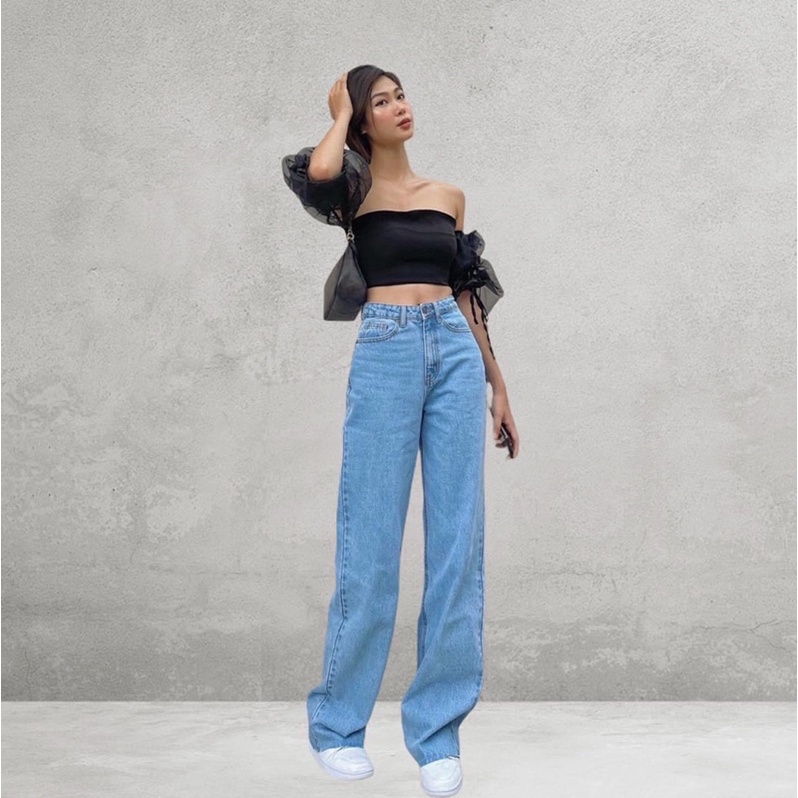 Quần Jeans Suông Ống Rộng Lai Cắt Lưng Cao Dáng Dài