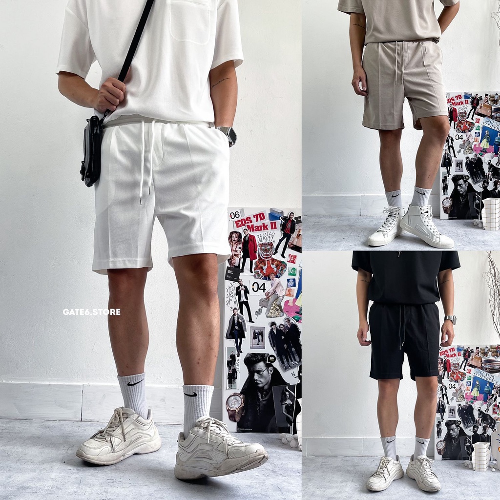 Quần Short Nam GATE6 Overset vải pique, quần sooc dáng trên gối sợi vân hạt (có cả set) - #G0035