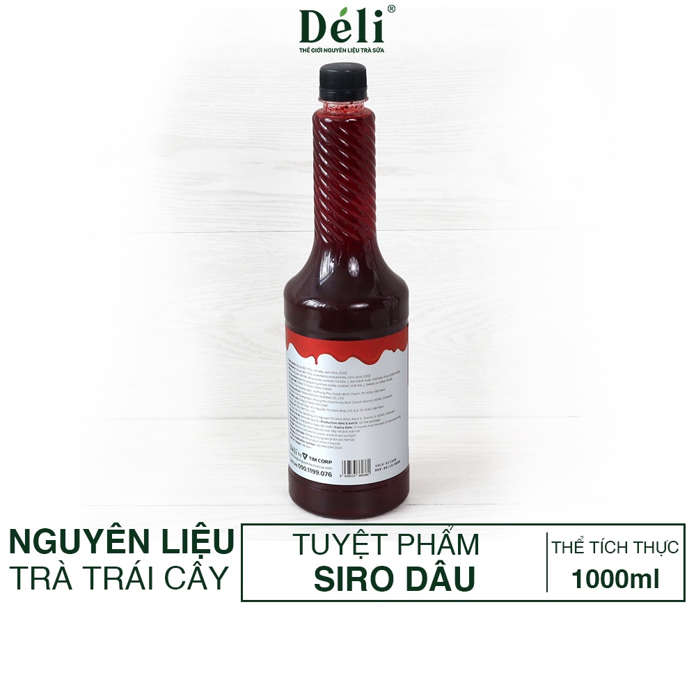 Siro Dâu cao cấp Déli [Có 65%THỊT QUẢ THẬT] chai nhựa 1Lít, Nguyên liệu pha chế trà sữa