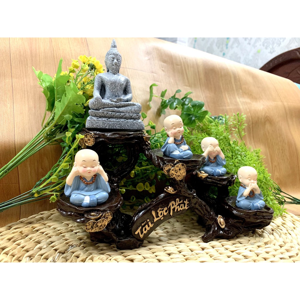 Full Set Phật Thái cùng các chú tiểu Tứ Không Đeo Chuổi Hạt tọa đế Tài Lộc Phát
