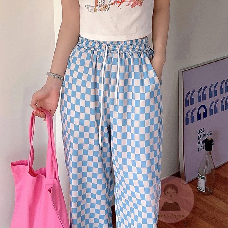 Quần Dài Ống Rộng Lưng Thun Dây Rút Họa Tiết Caro Thời Trang Cho Nữ