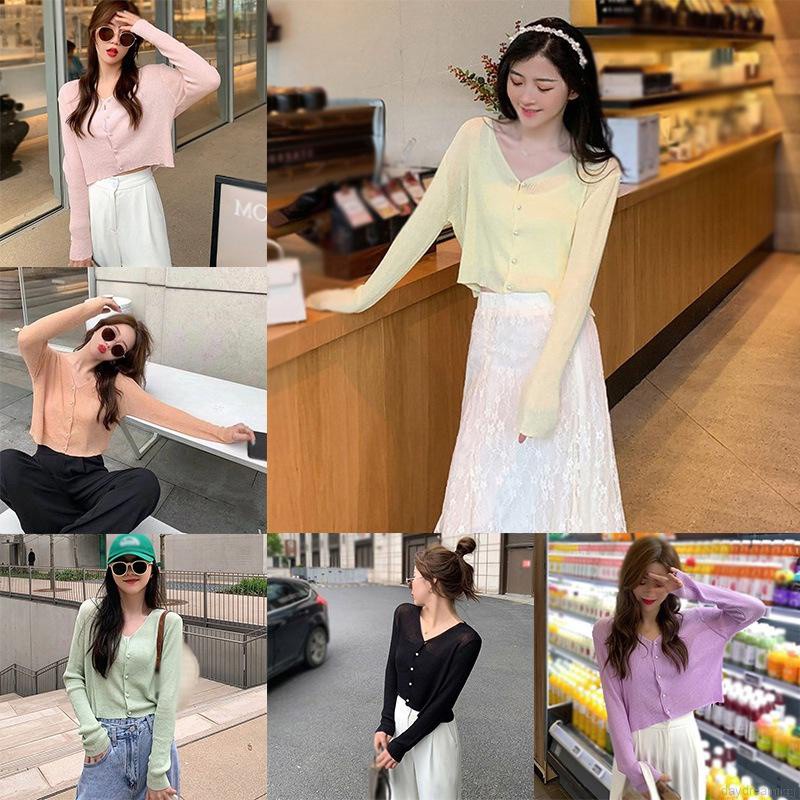 Áo Cardigan Dệt Kim Mỏng Tay Dài Cổ Chữ V Màu Sắc Đơn Giản Cho Nữ