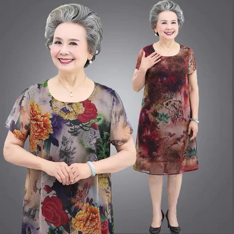 Người trung niên và người già váy hè váy lụa cotton, váy bà mẹ cách tân váy dài qua gối
