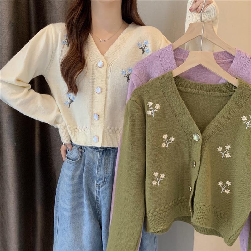 Áo Sweater Tay Dài Thêu Họa Tiết Xinh Xắn Phong Cách Hàn Quốc
