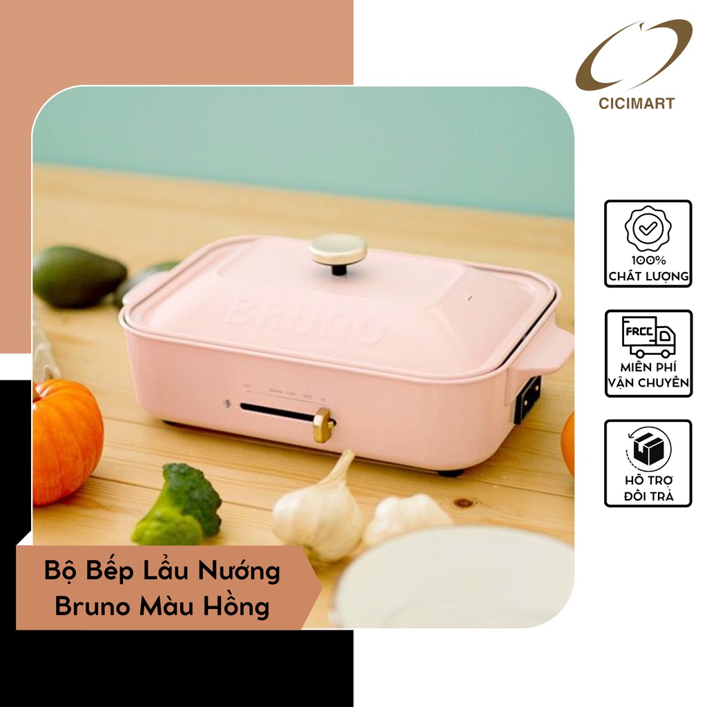 Bộ Bếp Lẩu Nướng Bruno Màu Hồng Đáng Yêu Chất Liệu Cao Cấp Có Nắp Đậy Kèm 3 Khay Nấu Chống Dính - Hàng Chính Hãng