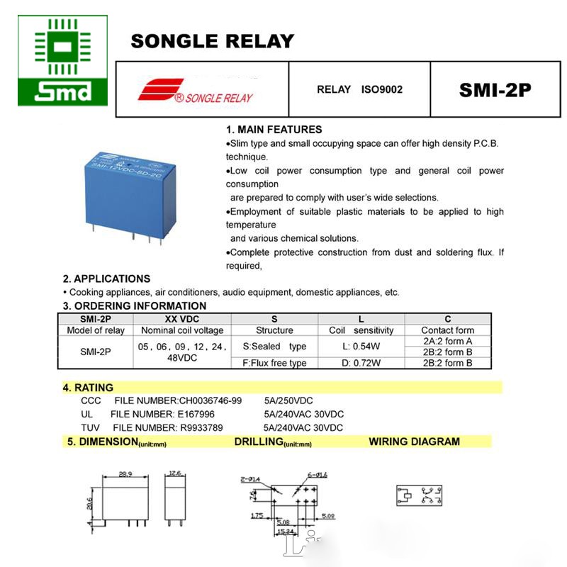 Relay SONGLE SMI-05VDC-SL-2C T90 (5A - 8 chân)