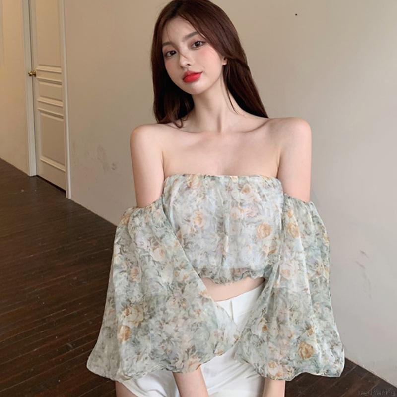 Áo voan croptop trễ vai tay loe in hoa thời trang cho nữ