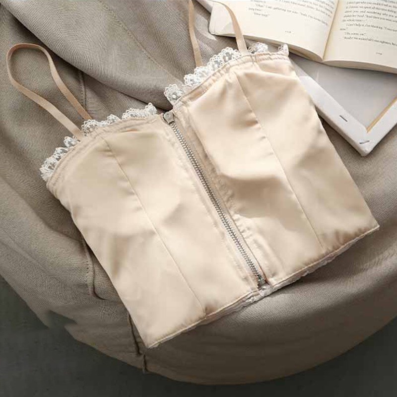 Áo Bra 2 dây corset ren thêu hoa khóa kéo sang chảnh 2210