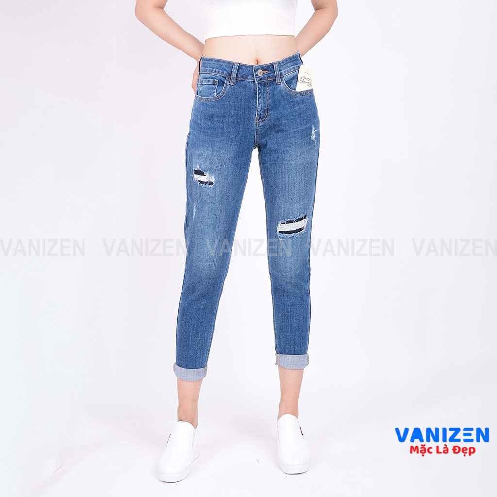 Quần jean nữ ống rộng baggy đẹp lưng cao cạp căn bản rách đắp hàng hiệu cao cấp mã 375 VANIZEN