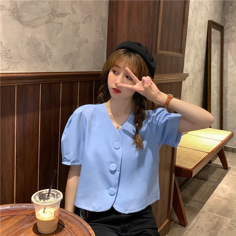 Áo Sơ Mi Chiffon Tay Ngắn Phồng Cổ Chữ V Phong Cách Hàn Quốc Mẫu Mới Mùa Hè 2022 Dành Cho Nữ