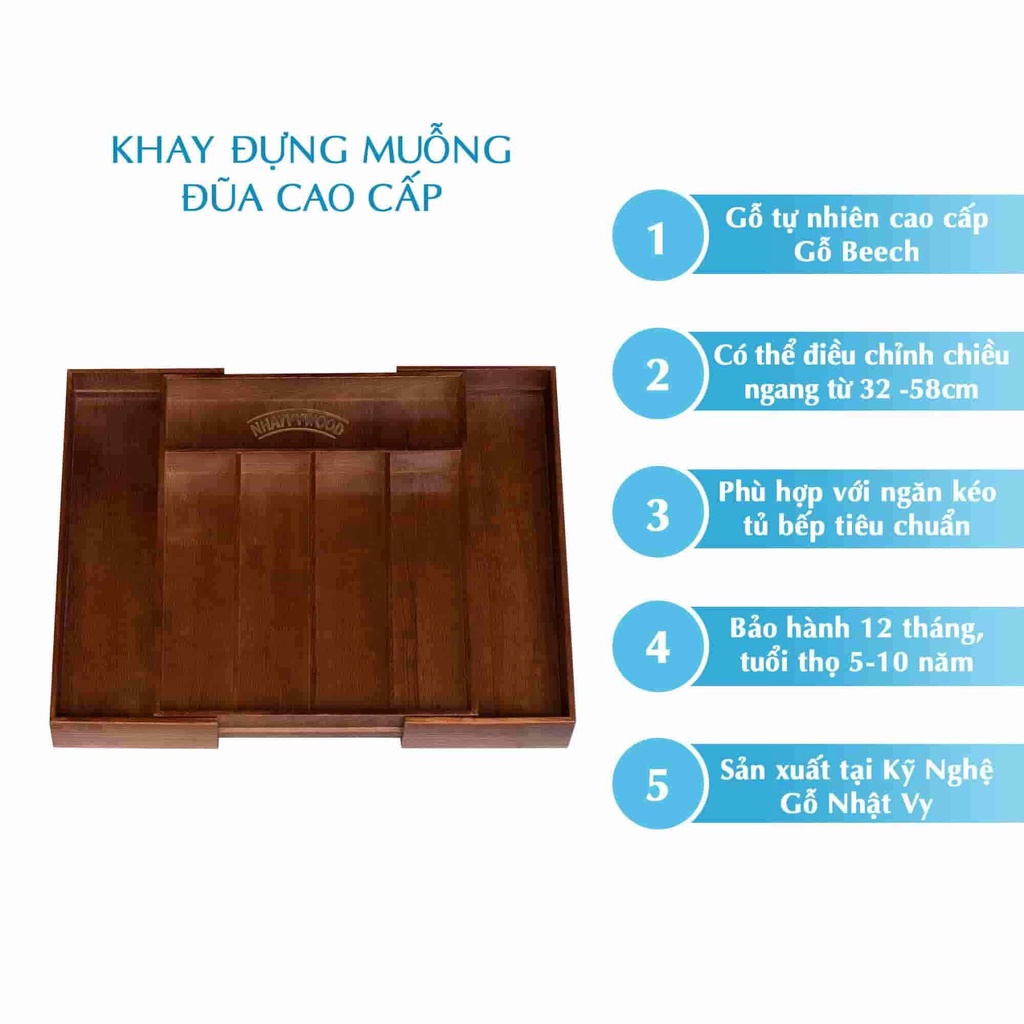Khay đựng muỗng đũa cao cấp NHẬT VY NV5303B, khay chia ngăn kéo có thể kéo giãn để vừa khít với mọi ngăn kéo