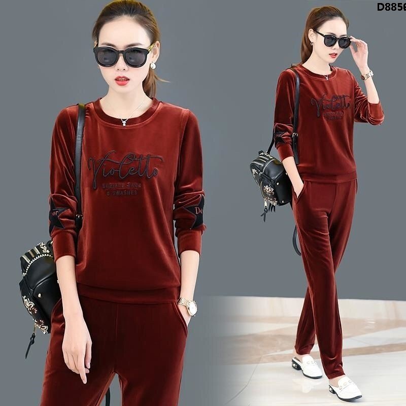 Bộ Quần Áo Nhung Lụa Màu Vàng Kim Phong Cách Hàn Quốc Thời Trang Thu Đông Cho Nữ