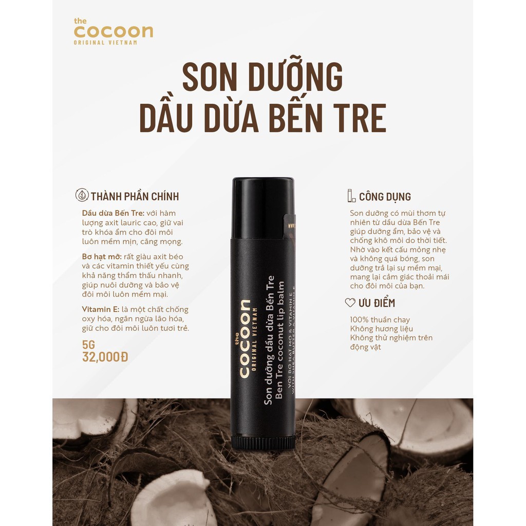 Son Dưỡng Cocoon Mềm Môi Dầu Dừa Bến Tre 5g | BigBuy360 - bigbuy360.vn