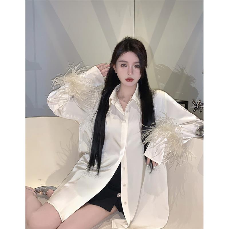 Áo Sơ Mi Tay Dài Vải Satin Phối Lông Thời Trang Thu Đông Quyến Rũ Cho Nữ