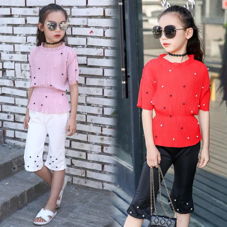 ✨CindyMom✨ Pearls Quần Bé Gái Tay Ngắn + Quần Bó Chân, Quần Bé Gái Bộ Quần áo Trẻ Em, Cho Bé Gái 3 đến 14 Tuổi