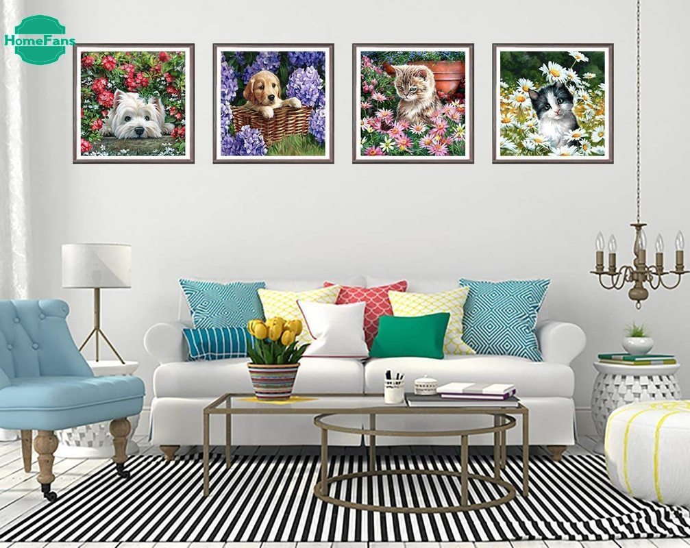 Bộ tranh đính đá 5D tự làm hình mèo và hoa 4 kiểu trang trí tường nhà (30x30 cm)